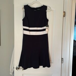 Navy blue dress with white stripe. Brand new. Size 8 Ralph Lauren